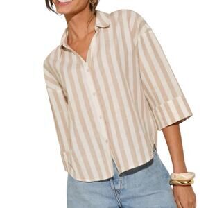 NWT Friends Like These Oatmeal Stripe Linen Blend Button Front Shirt Size 4
